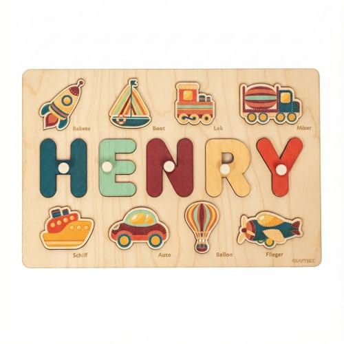 CRAFTNEZ Personalisiertes Namenspuzzle aus Holz – Montessori Steckpuzzle mit Wunschname & Motiven Geburt, Taufe & 1. Geburtstag – Lernspielzeug ab 1 Jahr - Made in EU
