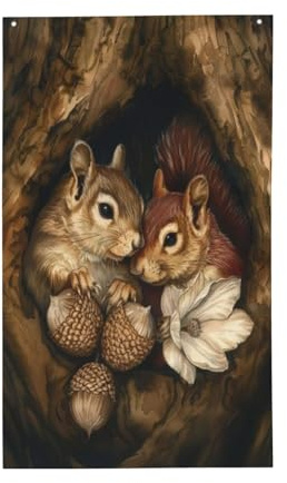 2 Eichhörnchen im hohlen Baum mit Eicheln, Hofhausflaggen, 90 x 152 cm, Grußbanner mit Ösen, für drinnen und draußen, Party-Dekoration