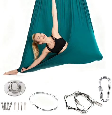 Premium Aerial Yoga Hammock Swing Set with Complete Installation Hardware Kit, Durable Anti Slip Fabric Yoga Swing Maximum Load 200kg, Fitness Pilates Stretching Trapeze Equipment for Indoor & Outdoor