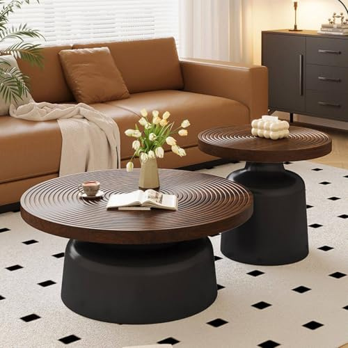 QIUHTR Juego De 2 Mesas De Centro Redondas Anidables,Mesas De Centro Modernas De Diseño Minimalista para Espacios Pequeños,Mesas Auxiliares Y Mesa Central,para Sala De Estar Y Oficina(Brown+Black)