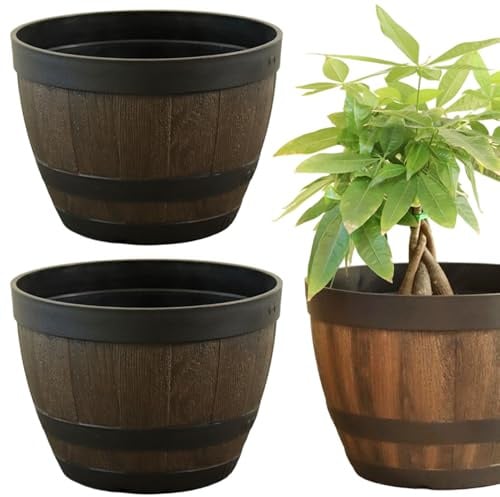 Blumentöpfe mit Drainage, 2er-Pack Blumentöpfe für den Außenbereich, 7, 7 Zoll große Pflanze mit Drainagelöchern, Kunststoff-Pflanzgefäß im Whiskey-Fass-Design für Zimmerpflanzen, Garten, Balkon