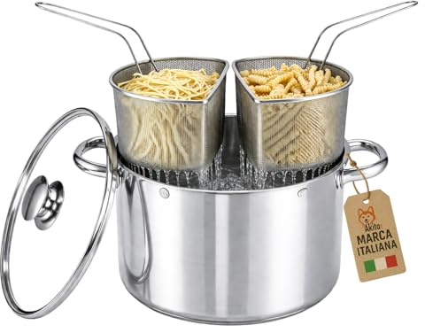 AKITAInk Bollipasta Duna 24 cm in Acciaio Inox con 2 Cestelli e Coperchio in Vetro Temperato, Pentola per Pasta con Scolapasta Integrato, Resistente e Pratica