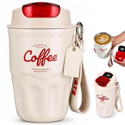 Coffee Vacuum Flask, Vacuum Insulated Stainless Steel Water Bottle with LED Temperature Display, Coffee Travel Mug Spill Proof with Lid & Handle for Hot and Cold Drinks, Outdoor, Camping (White)