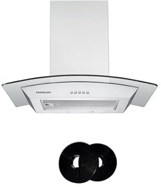 Cookology CGL600SS/A Chimney Cooker Hood 60cm Kitchen Extractor Fan with Curved Glass, LED Light, 3 Speed 450m3 per hour and CF150 Recirculating Filters - Stainless Steel
