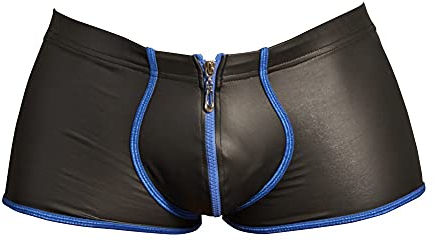 Orion Herren-Pants - eng anliegende Boxer-Shorts für Männer, mit Front-Reißverschluss, farblichen Kontrast-Nähten, im Matt-Look, schwarz/blau