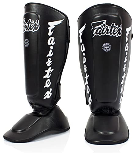 Fairtex SP7 Muay Thai Schienbeinschützer für Herren, Damen, Kinder | aus Syntek-Leder und hochwertig, leicht und langlebig | Abnehmbarer Schienbein- und Fußschutz(Extra Large-Schwarz)