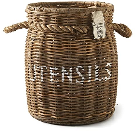 Riviera Maison küchenutensilien, löffelhalter, besteckkorb Rattan, Küche behälter, besteckbehälter rund, rattankörbe - Avenue Kitchen Utensils Canister - Rattan, Braun - Handgefertigt - Hx∅ 21x16
