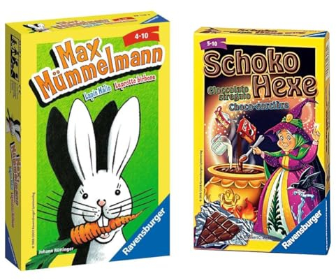 Ravensburger 23119 - Max Mümmelmann, Mitbringspiel für 2-4 Spieler & 23082 - Schoko Hexe, Mitbringspiel für 2-6 Spieler, Kartenspiel ab 6 Jahren, kompaktes Format, Reisespiel