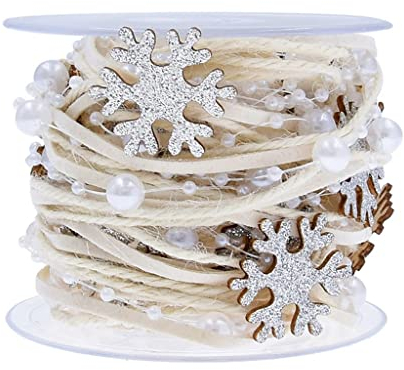 Egurs 5 Meter Geschenkband Dekoband Juteband Perlenband mit Perlen und Glitter Silver Schneeflocke Weihnachtsbänder Perlenkette Hochzeit Deko Geschenkverpackung Blumenstrauß Dekoration Silber