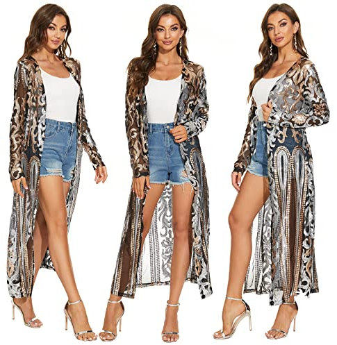 Damen Pailletten Cardigan Sommer Cover Up Kleid Glitzer Funkeln Offene Vorderseite Mantel Kleider Staubwedel für Abend Abschlussball, Silber, Gold, Groß