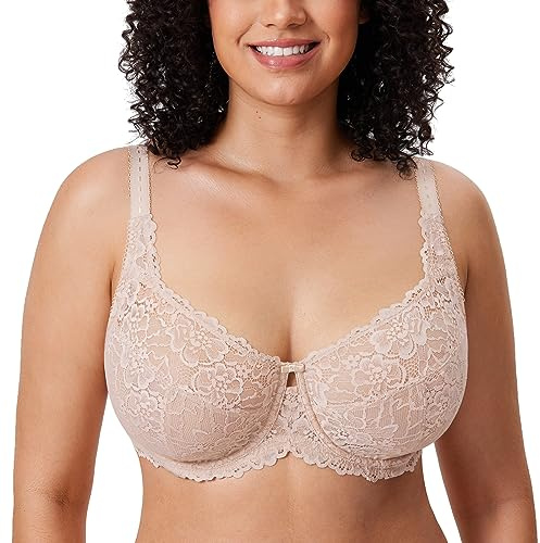 DELIMIRA Women's Plus Size Minimizer Bras Full Coverage Lace Unlined Underwire Bra B-K Cups Beige 34H