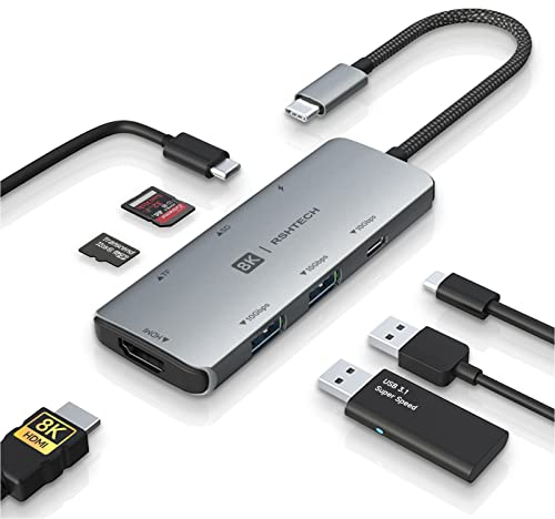 8K USB C Hub 7-in-1, RSHTECH Aluminum Docking Station Adapter mit 8K HDMI, 10Gbps Type-C & 2 Type-A Datenports, 100W PD und SD/TF Kartenleser, USB C 3.2 Gen2 Hub für MacBook Pro und mehr, RSH-T02