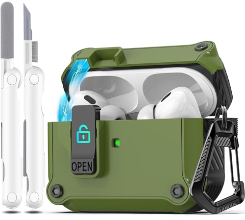 R-fun für AirPods Pro 2 Generation Hülle (Auto Pop-Up-Deckel) mit Reinigungsset, Design für Airpods Pro 2./1. Generation (2023/2022/2019), für Airpods Pro Hülle (USB-C/Lightning-Kabel),Schwarz Grün