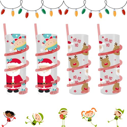 EVERBUY Christmas Set of 4 Plastic Drinking Spiral Straw Tumbler, Reusable Plastic Drinking Cups for Christmas, Kids Plastic Tumblers with Straws, Christmas Cups for Kids