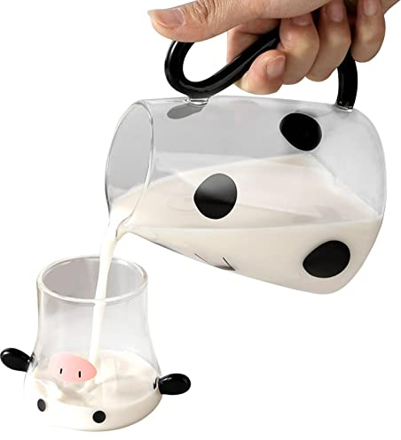 KinMokusei Jarra de agua de vidrio de vaca 550 ml, jarra de agua de vaca con vaso de cristal, jarra de cristal de dibujos animados, jarra de agua fría y caliente con taza para jugo, leche, café, té