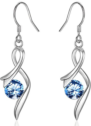 Sterling Silver Drop Earrings for Women, Silver Dangle Earrings with Cubic Zirconia │Linear Forever Love Hypoallergenic Earring for Sensitive Ears│Birthday Anniversary Christmas Jewellery Gift Blue