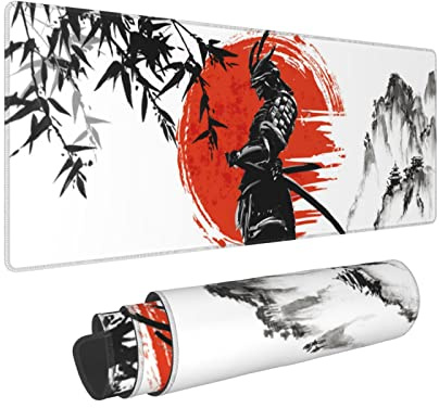Bambusblatt Berg Japanisches Anime Bushido Samurai Red Sun Mauspad Lang Extended XL Mauspad Schreibtisch Pad Gaming PC Desktop Große Gummi-Mäusepads Genähte Kanten 80 x 20 cm