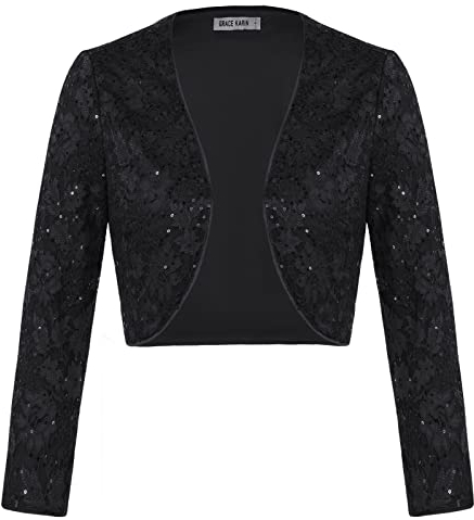 GRACE KARIN Damen Pailletten Bolerojacke Disco Langarm Glamouröses Kurzes Cardigan Schwarz XL
