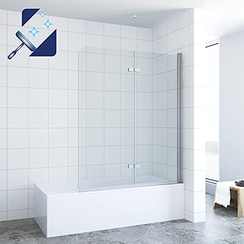 Duschabtrennung Duschwand Duschtrennwand für Badewanne Ecke faltbar Glas Badewannenaufsatz Faltwand 120x140 cm 5 mm Nano Sicherheitsglas Klarglas mit Hebe-Senkmechanismus