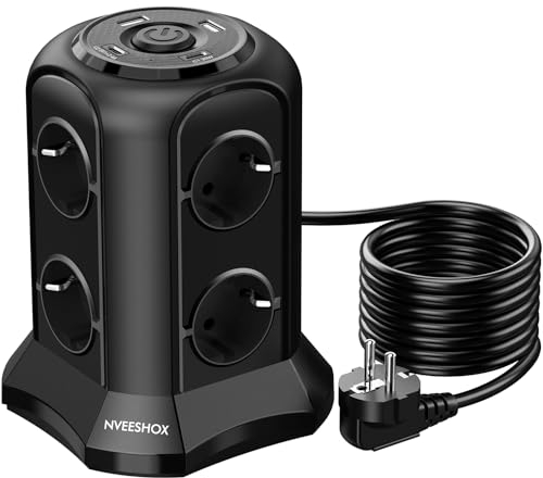 NVEESHOX Steckdosenleiste mit USB C 8 Fach Steckdosenturm Steckerleiste mit 2 USB-A & 2 USB-C,Mehrfachsteckdose Überspannungsschutz 4000W 16A mit 2M Extension Cord für Zuhause, Büro (Schwarz)