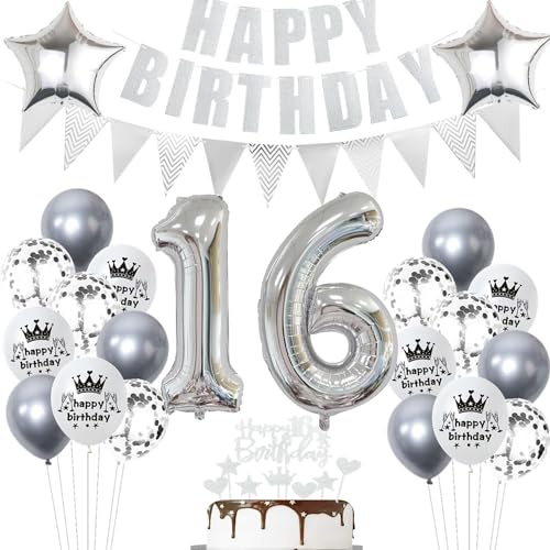 Geburtstagsdeko 16 Jahr Silber - Luftballons und Tortendeko für Mädchen und Jungen - Party Dekoration Set