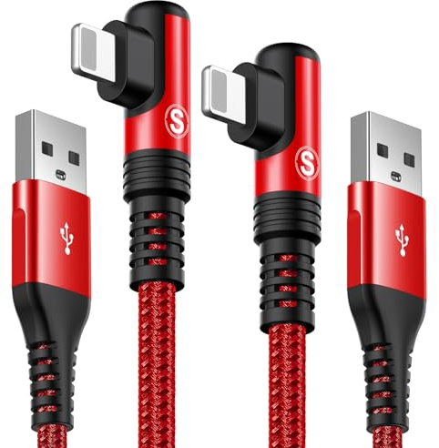 SWECENT Câble i Phone,Coudé 90 Degrés [2m/Lot de 2] cable Chargeur i Phone Nylon Tressé Câble Charge Rapide Compatible avec i Phone 14/13/12/11/Pro/X/XS/XR/8/8 Plus/7/7 Plus-rouge Plus/SE/5s
