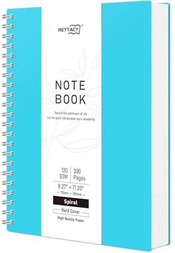 RETTACY A4 Spiral Blanko Notizbuch, Drahtgebundenes Skizzenbuch 300 Seiten/150 Blätter zum Zeichnen, 120gsm, Kunststoff PVC Hardcover, zum Schreiben Frauen Männer Schule, 21.5 x 27.9cm - Blau