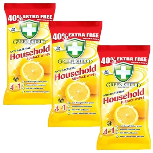 Green Shield Lemon Scent Wipes Antibacterial Antiviral Multipurpose Cleaning Disinfectant Wipes 210 For | Household | Schools | College | Commercial Business | Travel | Hospital | (3 Packs)