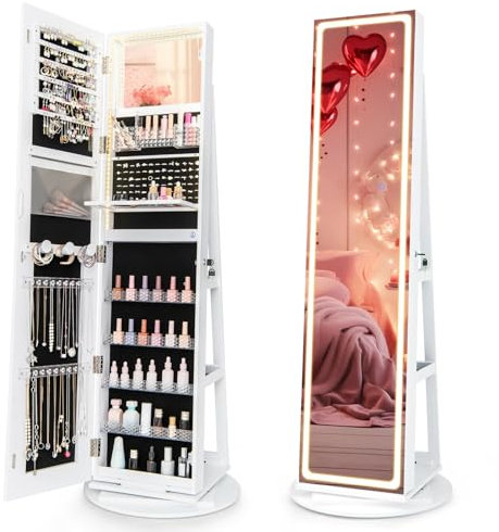GOPLUS Armoire à Bijoux Pivotante à 360° avec Lumière LED 3 Couleur, Armoire à Bijoux Verrouillable avec Miroir, Intelligent Tactile, Organisateur de Bijoux sur Pied avec Étagère de Rangement, Blanc