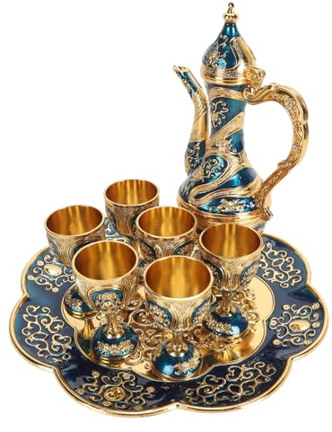 Zinc Alloy Tea Cup Set Easy to Clean Elegant Durable Vintage Turkish Tea Set with Tea Tray for Coffee Shop (Gold Blue)