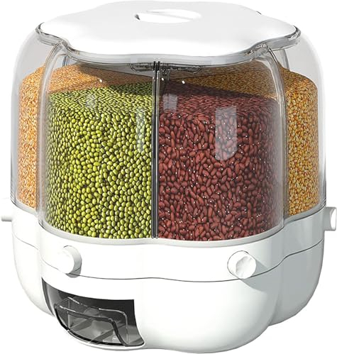 ZXINXIN Round Rice Dispenser 6 Grids 360° Rotating Transparent Rice Container Rotating Dry Food Container for Fruits and Cereals,White