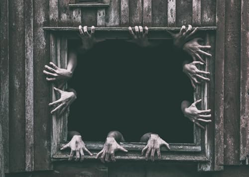 CORFOTO 20x10ft Halloween-Hintergrund, schreckliche Hände ragen heraus, Hintergrund, altes Haus Fenster, Halloween-Fotohintergrund, Halloween-Gruselkonzept-Foto, Halloween-Party-Hintergrund