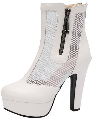 Onewus Stivali da donna alla moda con plateau con materiale trasparente e cerniere posteriori, bianco, 46 EU