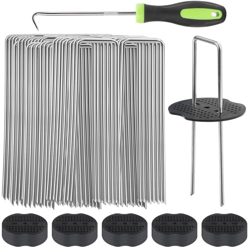 YUSHIHU 50 clavijas de membrana de control de malezas más gruesas (Ø3,8 mm) + 50 arandelas amortiguadoras, clavijas de alfombrilla de malezas de 15 cm, pasadores de césped artificial, grapas de