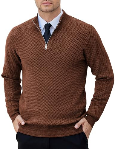 COOFANDY Mens Quarter Zip Pullover Slim Fit Lightweight Knit Pullover Sweaters Casual Polo Sweater, Brown, Medium