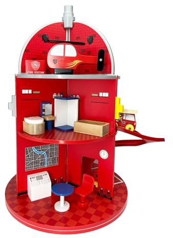 Teamson Kids Wooden Fire Station with 25-piece Figurines Set, Red | Zwei Feuerwehrleute, 25-teiliges Zubehörset