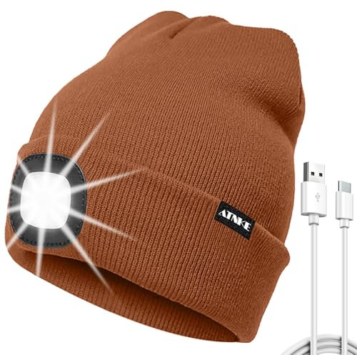 ATNKE LED Mütze mit Licht, USB Typ C Wiederaufladbare 4 LED Beleuchtete Laufmütze Extrem Heller Lampe Winter Warme Stricken Mütze für Herren und Damen Geschenke/Red Brown