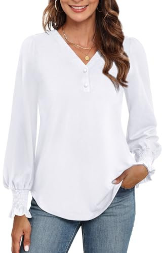 Neineiwu Bluse Damen Elegant Langarm Tops Lässig V-Ausschnitt Hemd Pullover Elegant Laternenärmel Oberteil,Weiß,L