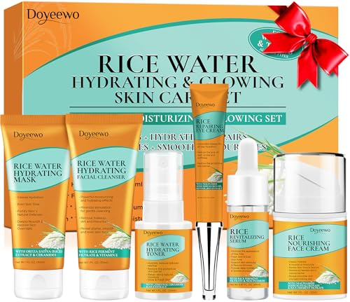 Skin Care Set,6Pcs Women Teen Glass Skincare w/Korean Rice Extract,Hydrate Glow Repair Anti-Aging Facial Routine Kit Self Care Gifts for Women Mom Wife Teenage Girl Her Valentines Day Christmas Gifts