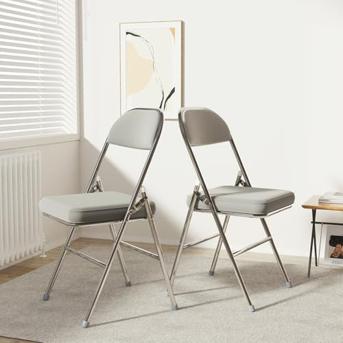Chleby 2er Set Bequemer Klappstuhl Küche aus Leder Klappstühle Besucherstuhl mit Dickes Kissen Klappbare Esszimmerstühle sind geeignet für Küche, drinnen, draußen, Konferenzraum Grau