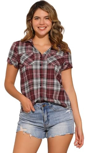 Allegra K Chemise boutonnée à Carreaux décontractée pour Femme Rouge Foncé M