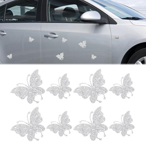 Yuqilin 8 Stücke Glitzer Schmetterling Sticker, Strasssteine Selbstklebend Aufkleber, Bling Strass Schmetterling Abziehbilder Kleber, Schöne Aufkleber für Autos Tassen Computer (Silber)