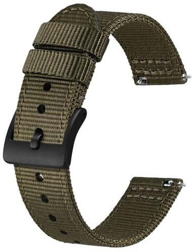 BISONSTRAP Men’s Nylon Watch Bands, Two-Piece Military Watch Straps, Quick Release, Brushed Buckle, 20mm, Army Green (Black Buckle)