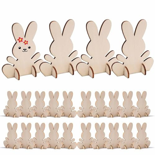 HERZONE 24pcs Ostern hase 3D Osternhase zum Bemalen Ostern hase Holzscheiben f. Ostern (bunny)