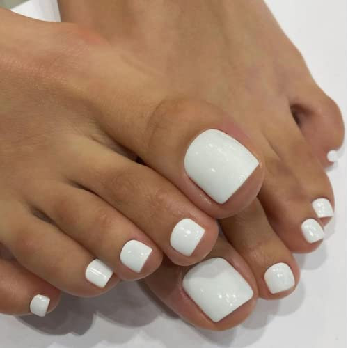 SXVME All White Press on Toes Nails Short Square, Solid Color Fake Toe Nails Glue on, Toe Press on Nails for Women, Summer Glossy Gel ToeNails Acrylic for Decoration 24 Pcs