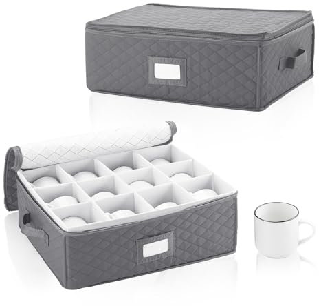RETON 2 Pack Mug Storage Box with Dividers, China Cup Storage Chests with Zipper Lids, Glassware Storage Cases Hard Shell and Stackable for Coffee, Tea Cup, Bar Glasses