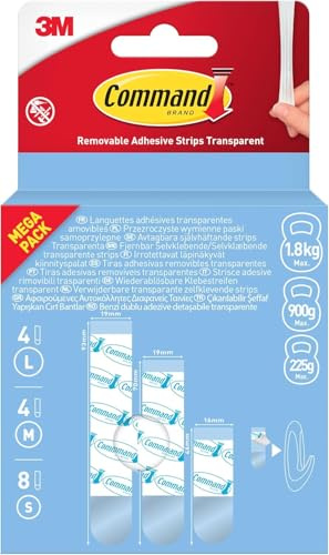 Command Clear Transparent Removable Adhesive Strips, Pack of 8 Small, 4 Medium, 4 Large, Wall Adhesive Strips for Decorations and Fairy Lights – Damage-Free Hanging, No Tools Required