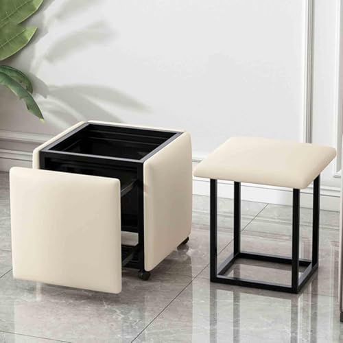 5 in 1 Nesting Osmanen Stuhl Stapelstuhl, Heimsofa Essmagie Würfelhocker mit Nappa -Ledersitz, Rahmen des Kohlenstoffstahls und Rädern, Beige, 45x45x45 cm