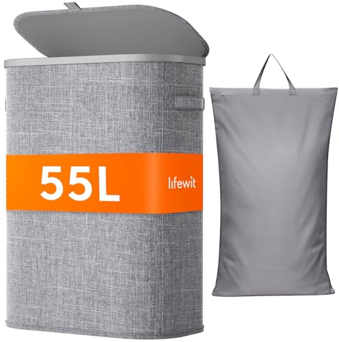 Lifewit 55L schmaler Wäschekorb mit Deckel, Hellgrau | Schlanke faltbare Wäschebox mit herausnehmbarem Wäschesack und Tragegriffen für kleine Bäder, Schlafzimmer und Waschküche