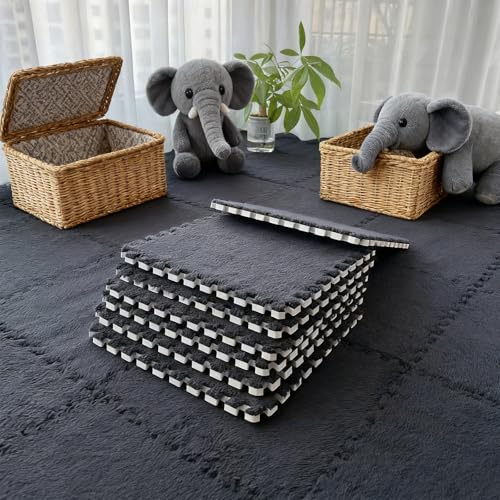 Puzzlematte Boden Puzzle Bodenmatte Teppichfliesen - 12 Stück 30 X 30 cm Ineinandergreifende Plüsch-Schaumstoffmatte, Puzzle-Spielmatte für Schlafzimmer, Spiel (Schwarz)